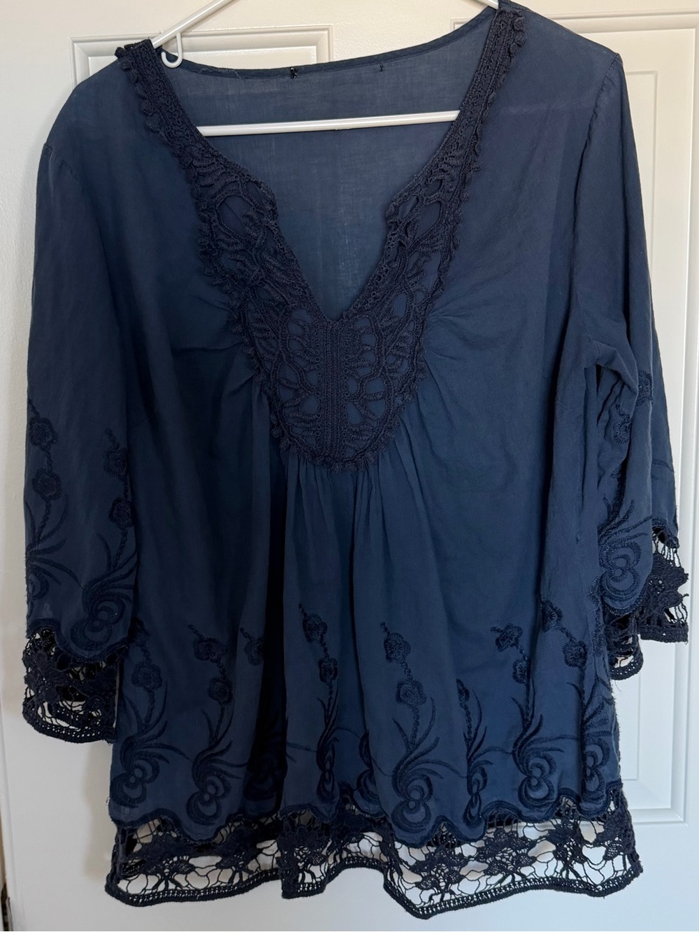 Women’s Navy Crochet-Trim V-Neck Blouse